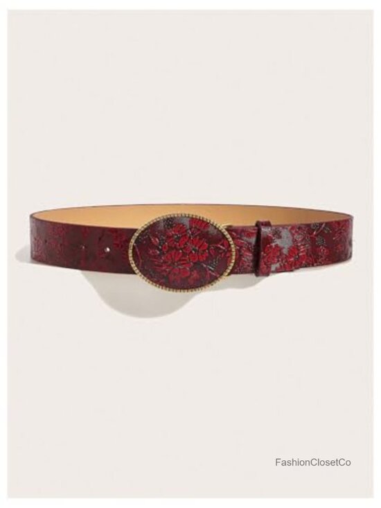 Vintage Floral Oval Buckle PU Leather Belt
